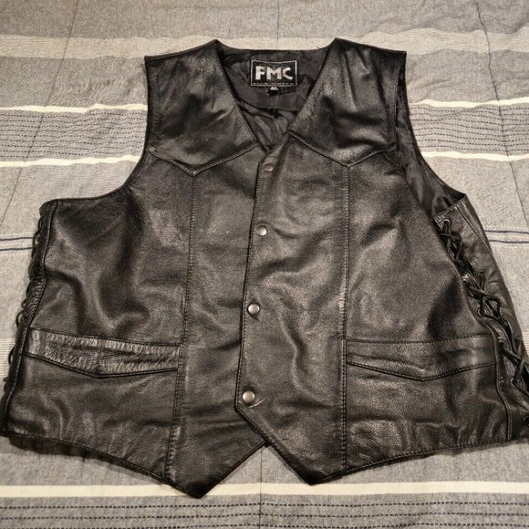 Leather FMC Motorcycle Riding Vest "Live To Ride" Patch sz 54 Black - Picture 2 of 6